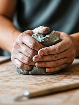 Hands shaping stoneware clay